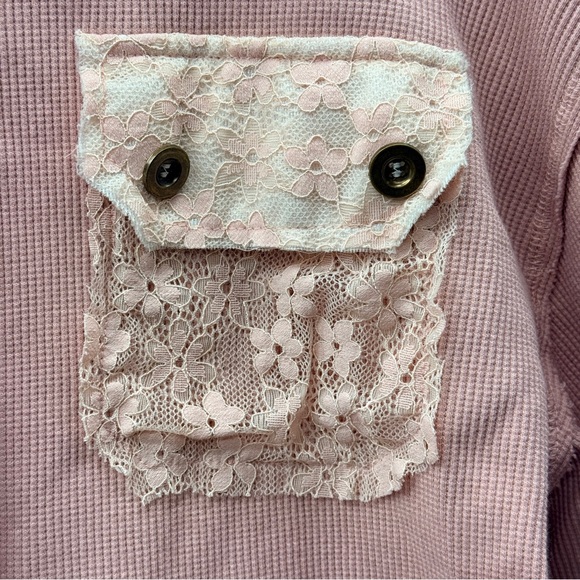 POL Patchwork Lace Dusty Pink Button Up Shirt Top Floral Oversized Boho Size S - Picture 9 of 13